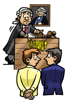 Judge arrive with client and lawyer